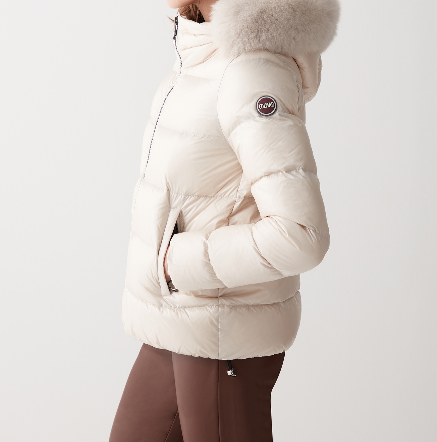 COLMAR PIUMINO CANGIANTE CAPPUCCIO IN VERA PELLICCIA BIANCO