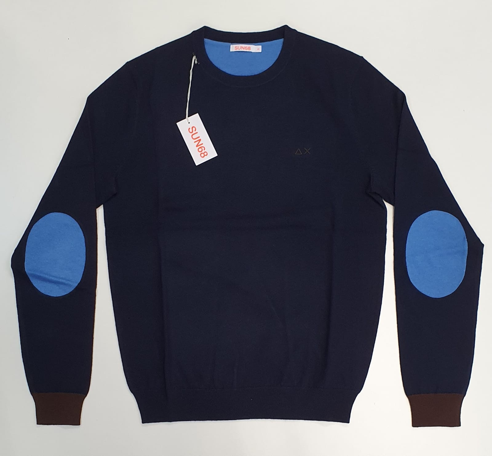 SUN 68 MAGLIA UOMO GIROCOLLO CON GOMITO E POLSINO A CONTRASTO NAVY BLUE