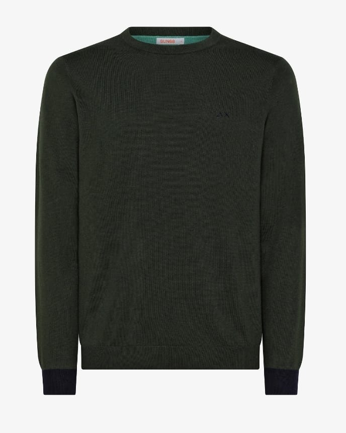SUN68 MAGLIA UOMO GIROCOLLO CON TOPPA ROUND ELBOW CONTRAST MILITARE SCURO