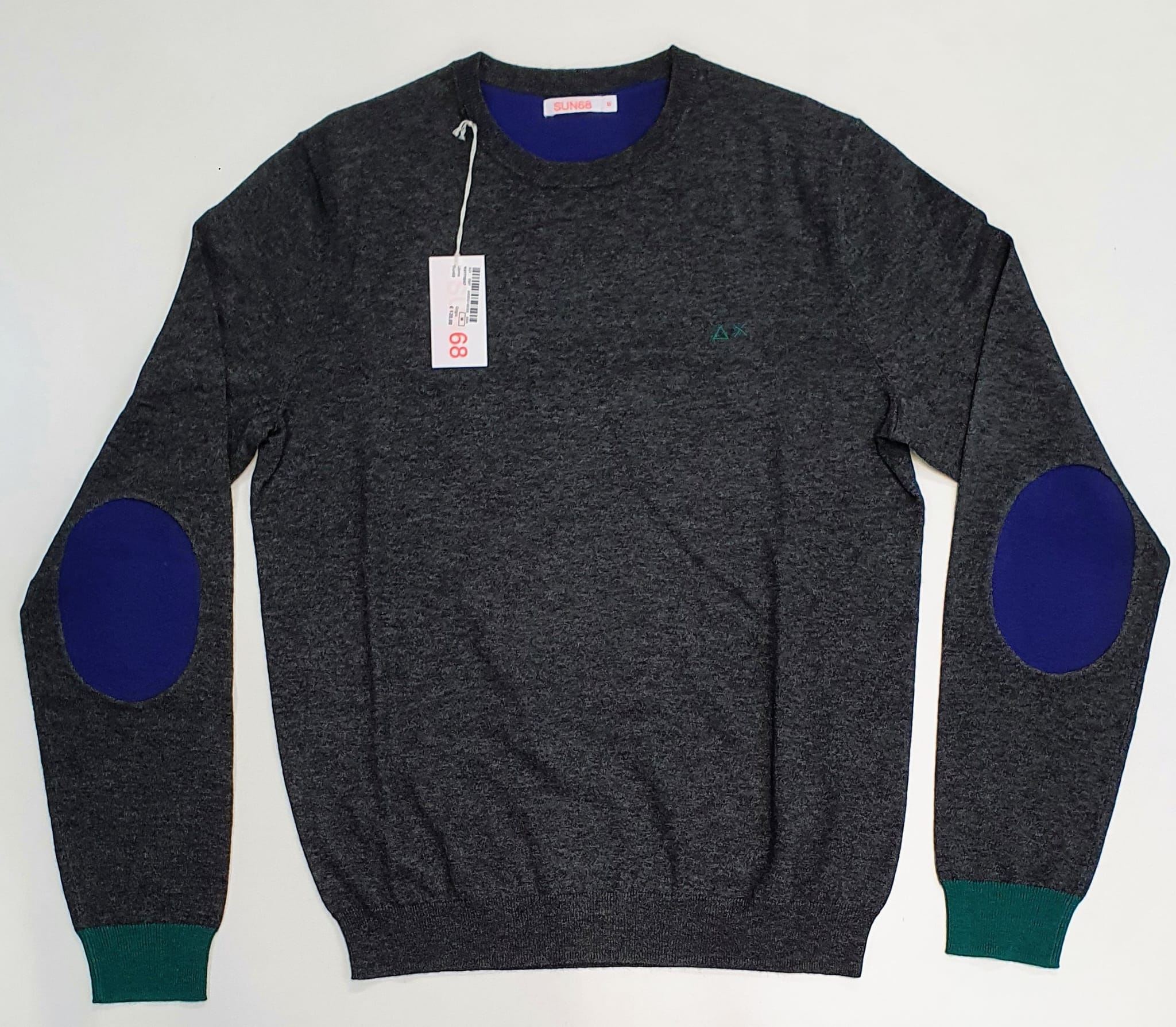 SUN68 MAGLIA UOMO GIROCOLLO GRIGIO CON TOPPA VIOLA ROUND ELBOW CONTRAST