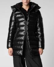 SAVE THE DUCK Piumino nero Save the duck modello Marjorie nero effetto laccato con cappuccio staccabile dalla linea sfiancata